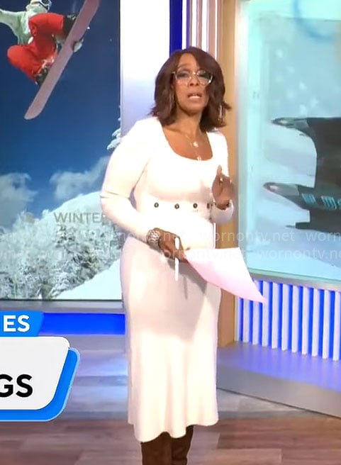 Gayle King's white square neck knit dress on CBS Mornings