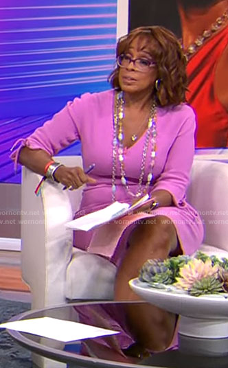 Gayle King’s pink v-neck tie sleeve dress on CBS Mornings