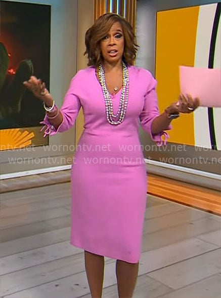 Gayle King's pink v-neck tie sleeve dress on CBS Mornings