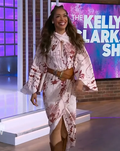 Gina Torres’s printed wrap effect dress on The Kelly Clarkson Show