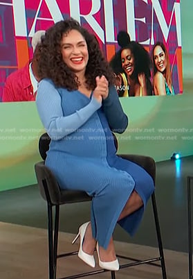 Grace Byers’s blue colorblock knit dress on Access Hollywood