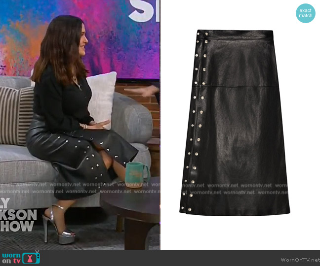 WornOnTV Salma Hayek s Black Leather Skirt With Buttons On The Kelly 
