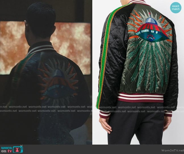 Gucci Embroidered Bomber Jacket worn by Kendall Roy (Jeremy Strong) on Succession