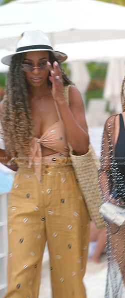 Guerdy's coffee beans print swimsuit and pants on The Real Housewives of Miami