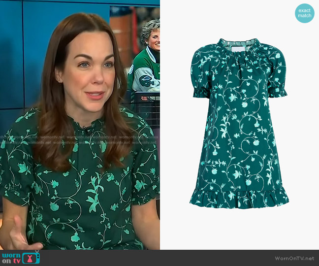 Hill House The Katherine Nap Dress in Emerald Botanical Poplin worn by Elizabeth Holmes on Access Hollywood