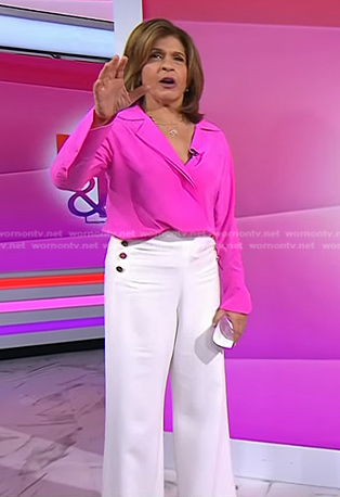Hoda’s pink shirt and white button detail pants on Today