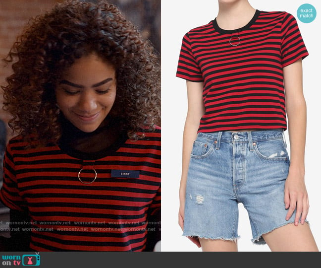 Hot Topic Red & Black Stripe O-Ring Girls Crop T-Shirt worn by Ginny Miller (Antonia Gentry) on Ginny & Georgia