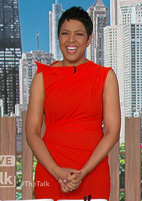 Irika Sargent's red gathered dress on The Talk