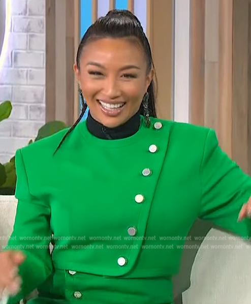 Jeannie Mai’s green cropped jacket and skirt on Sherri
