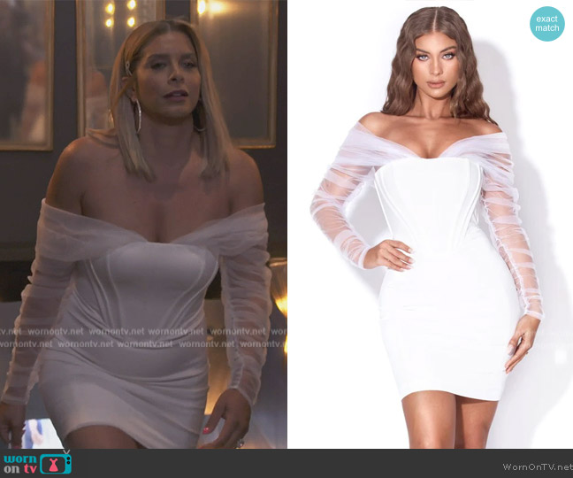 Jeans Zofia White Off Shoulder Mesh Sleeve Corset Dress worn by Robyn Dixon on The Real Housewives of Potomac