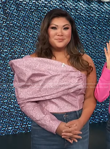 Jenn Chan’s metallic one shoulder top on Access Hollywood