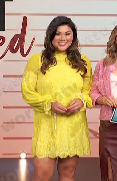 Jennifer Chan’s yellow lace dress on Access Hollywood