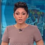 Jericka Duncan’s taupe belted sheath dress on CBS Mornings