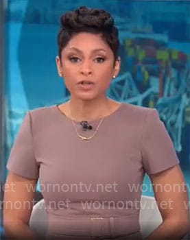 Jericka Duncan's taupe belted sheath dress on CBS Mornings