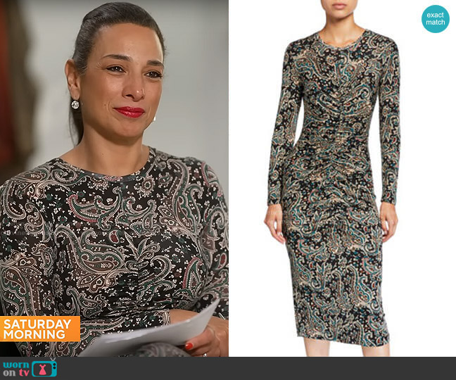 Joie Aja Paisley-Print Ruched Dress worn by Michelle Miller on CBS Mornings