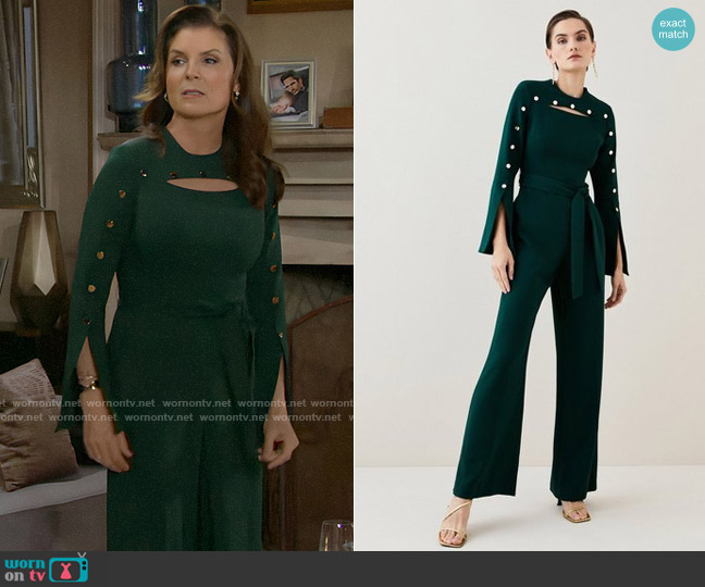 Karen Millen Compact Viscose Stud Sleeve Wide Leg Jumpsuit in Forest worn by Sheila Carter (Kimberlin Brown) on The Bold and the Beautiful