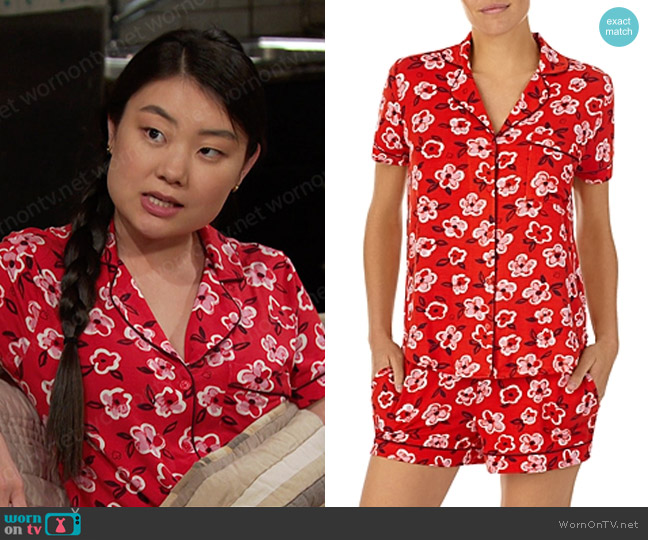 Kate Spade Printed Short Pajama Set worn by Wendy Shin (Victoria Grace) on Days of our Lives