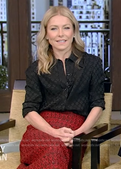 Kelly’s black monogram satin blouse on Live with Kelly and Ryan