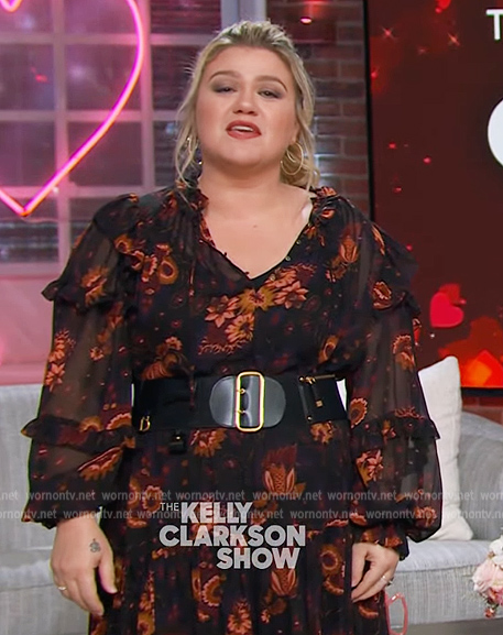 Kelly’s black floral print ruffle blouse and skirt on The Kelly Clarkson Show