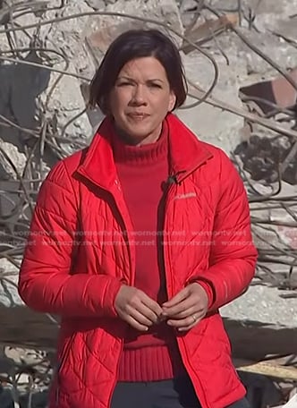 Kelly Cobiella’s red quilted down jacket on Today