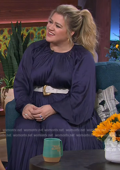 Kelly’s navy satin asymmetric dress on The Kelly Clarkson Show