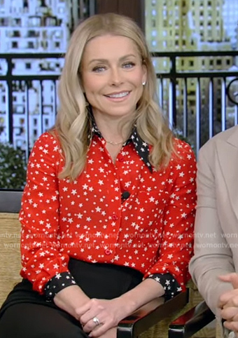 Kelly’s red contrast star print blouse on Live with Kelly and Ryan