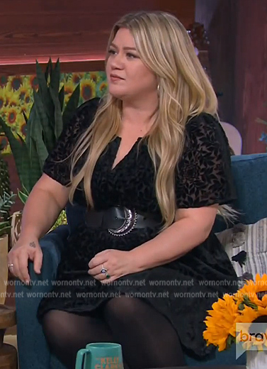 Kelly’s black floral velvet mini dress on The Kelly Clarkson Show