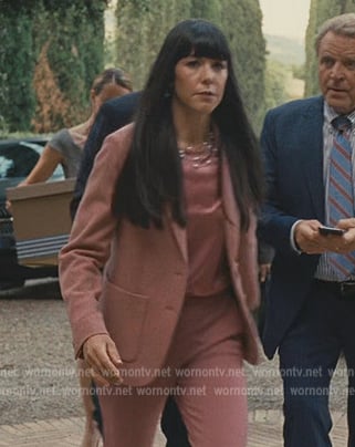 Kerry's pink blazer and satin blouse on Succession