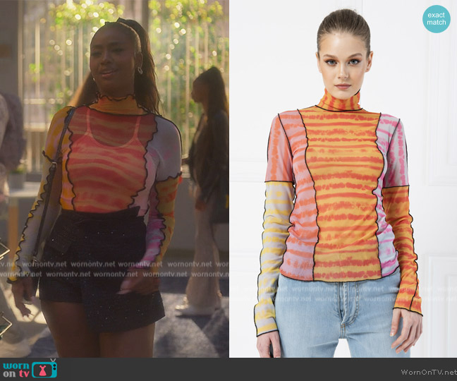 Kikiriki Printed Tulle Multi Tie Dye Blouse worn by Annika (Justine Skye) on Grown-ish