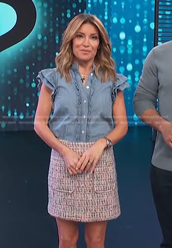 Kit’s ruffle chambray top and tweed mini skirt on Access Hollywood