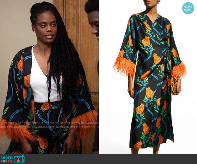La DoubleJ Boudoir Wrap Silk Midi Dress w/ Feather Trim worn by Sabrina Hollins (Novi Brown) on Tyler Perrys Sistas
