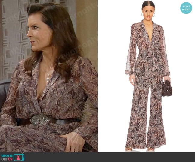 L'Agence Echo Jumpsuit in Brown Multi Neutral Paisley worn by Sheila Carter (Kimberlin Brown) on The Bold and the Beautiful