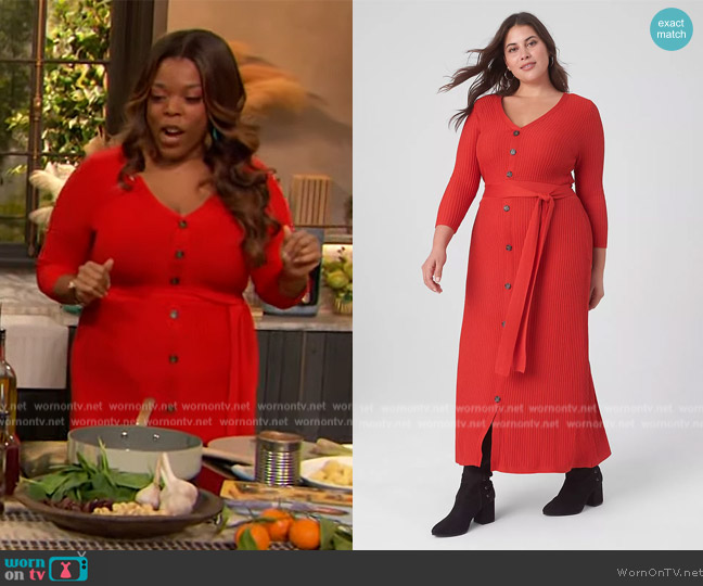 Lane Bryant 3/4-Sleeve V-Neck Button-Front Belted Sweater Dress worn by Brittany Williams on The Drew Barrymore Show