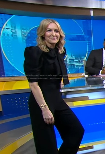 Lara’s black tie neck jumpsuit on Good Morning America