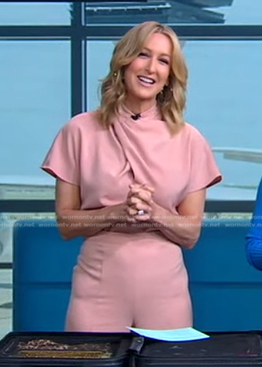 Lara’s pink crossover neck jumpsuit on Good Morning America