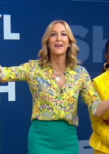 Lara’s yellow floral button down blouse on Good Morning America