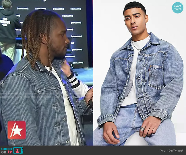 Levi's Type I denim Trucker Jacket in blue with stripe worn by Scott Evans on Access Hollywood