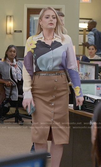 Lexi’s floral abstract shirt and button front pencil skirt on Not Dead Yet