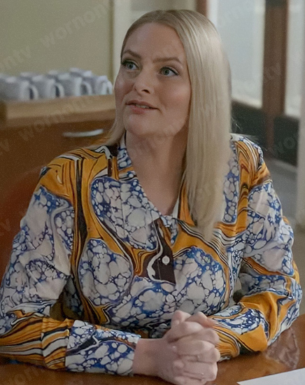 Lexi’s blue and orange printed blouse on Not Dead Yet