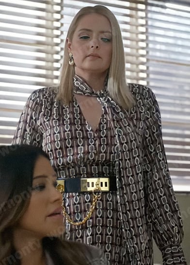 Lexi’s chain print tie neck dress on Not Dead Yet