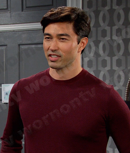 Li Shin’s burgundy print sweater on Days of our Lives