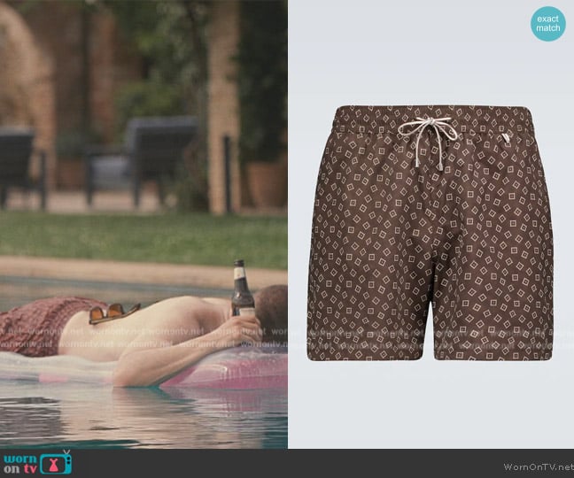 Loro Piana Bay Soft tiles printed swim shorts worn by Kendall Roy (Jeremy Strong) on Succession