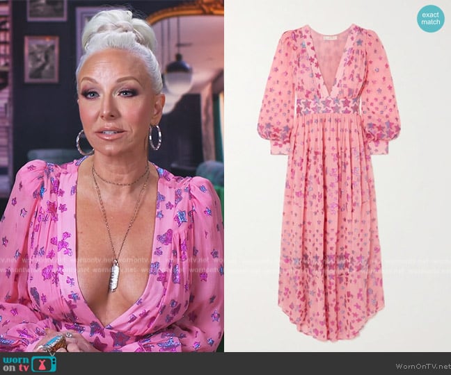 LoveShackFancy Cyrena Butterfly-Print Metallic Silk Long Dress worn by Margaret Josephs on The Real Housewives of New Jersey