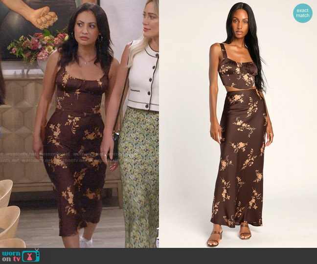 Lulus Doubly Darling Brown Floral Print Satin Bustier Top and Skirt worn by Valentina (Francia Raisa) on How I Met Your Father