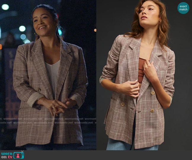 Maeve at Anthropologie Double-Breasted Blazer worn by Nell Serrano (Gina Rodriguez) on Not Dead Yet