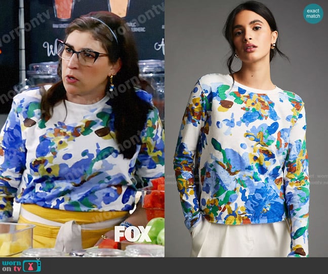 Maeve at Anthropologie Long-Sleeve Printed Tee in Blue Motif worn by Kat Silver (Mayim Bialik) on Call Me Kat