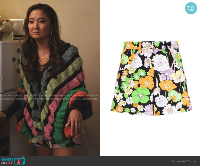 Maje Floral-Print High-Waisted Shorts worn by Mindy Chen (Ashley Park) on Emily in Paris