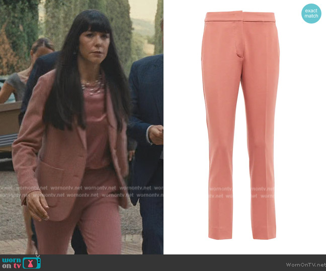 Max Mara Pegno jersey high-rise slim pants worn by Kerry (Zoe Winters) on Succession