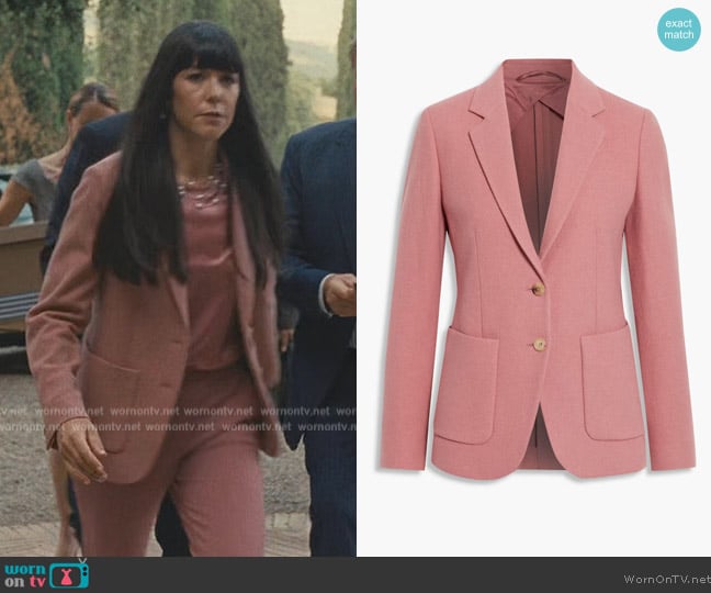 Max Mara John cashmere-tweed blazer worn by Kerry (Zoe Winters) on Succession