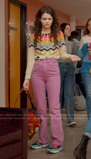 Maxine's fair isle sweater and pink corduroy pants on Ginny & Georgia
